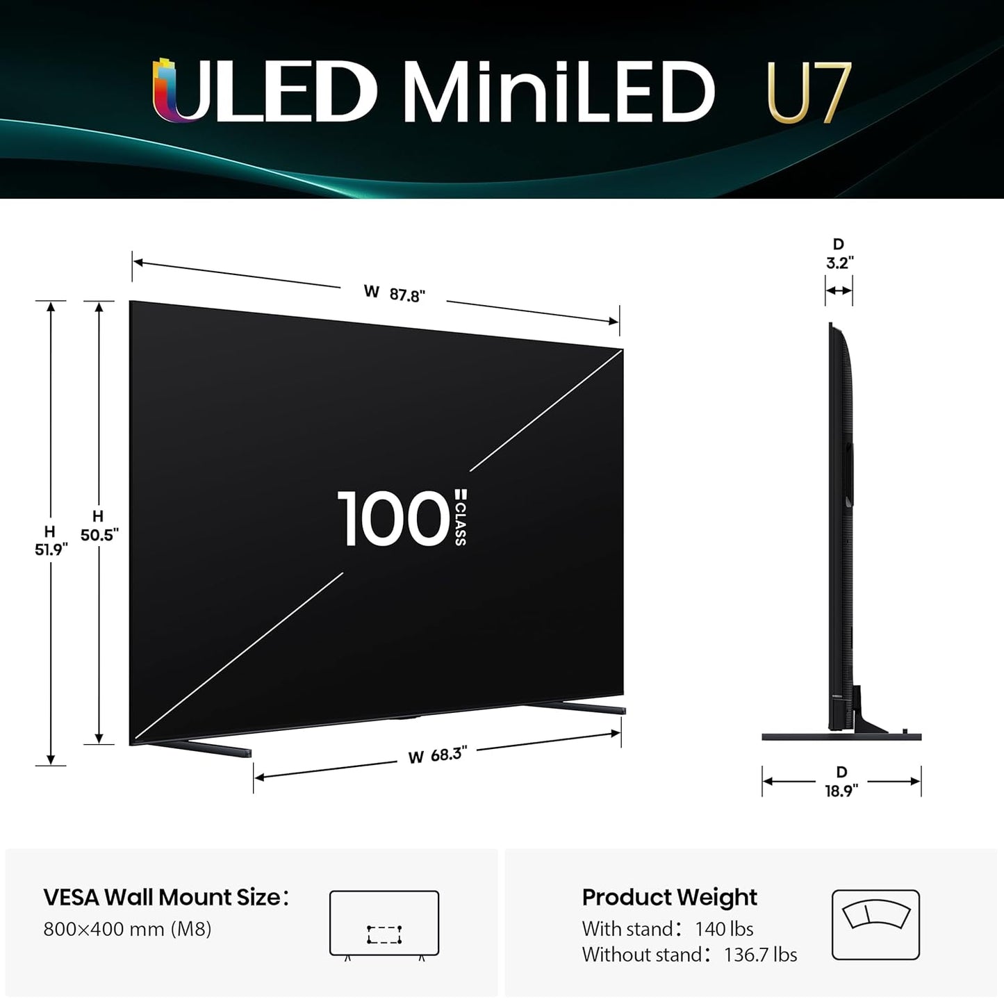 Hisense 100" Class U7 Series MiniLED QLED UHD 4K HDR Smart Google TV (2025) 100U75QG