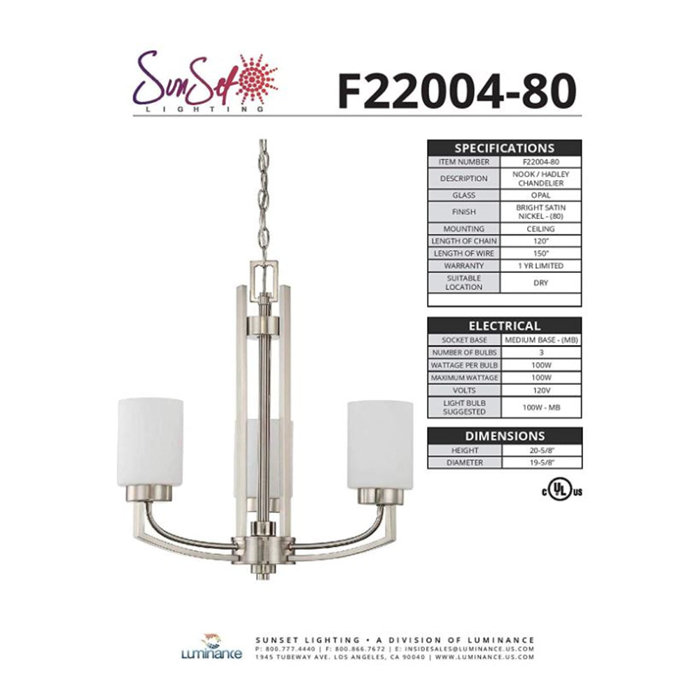 Sunset Lighting F22004-80 3-Light Hadley Chandelier Opal Glass, Dimmable - Bright Satin Nickel Finish