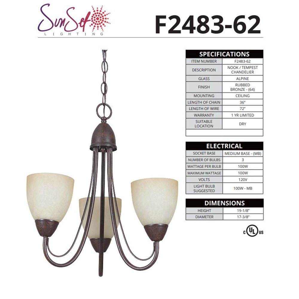 Sunset Lighting 3-Light Chandelier Alpine Glass, 19" Rubbed Bronze Finish F2483-62