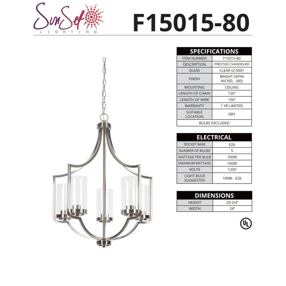 Sunset Lighting 5-Light Chandelier, 100W Bright Satin Nickel - F15015-80