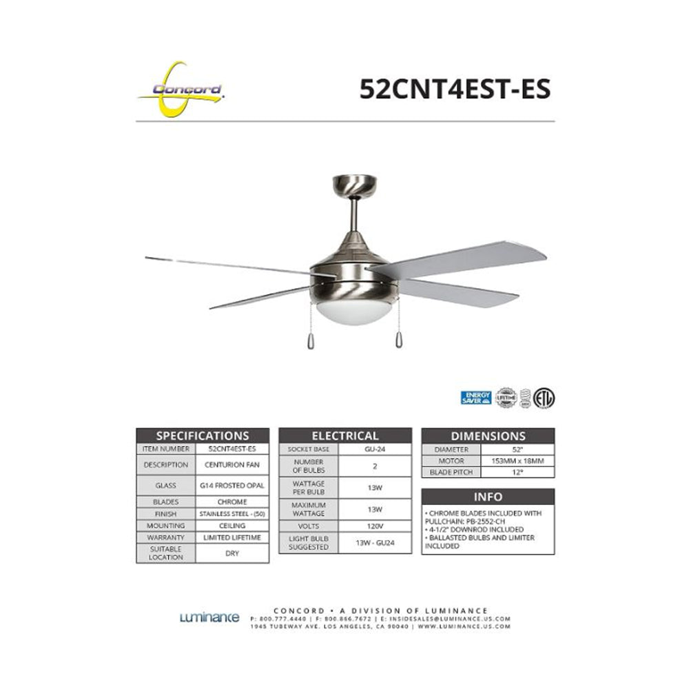 Concord Fans Centurion Ceiling Fan 52" Stainless Steel 52CNT4EST-ES