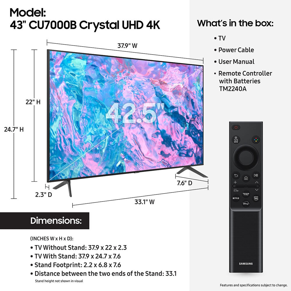 Samsung CU7000 Crystal UHD 43" 4K HDR Smart LED TV UN43CU7000FXZA