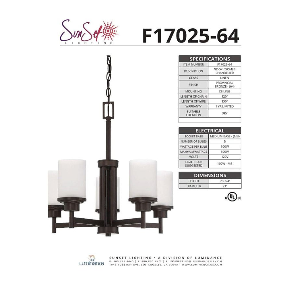 Sunset Lighting F17025-64 Somes Five Light Chandelier Linen Glass, Dimmable With Provincial Bronze Finish