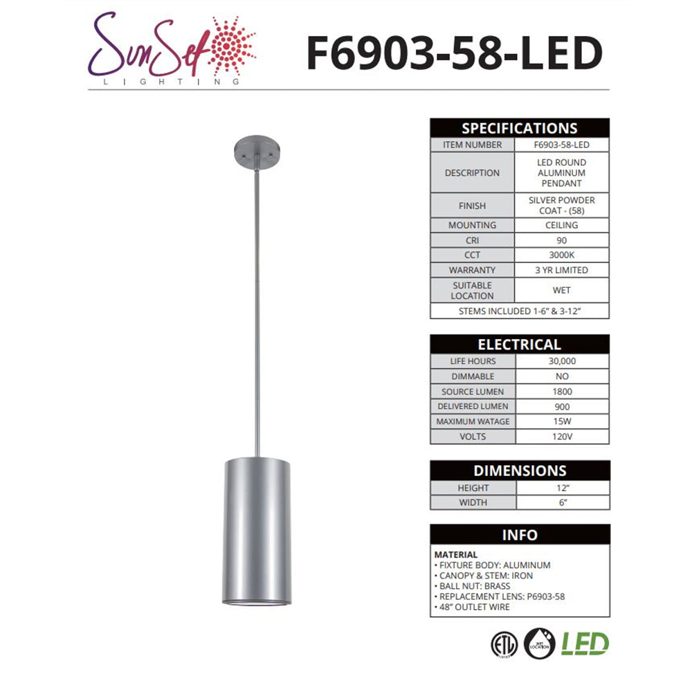 Sunset Lighting LED Round Alum Round Pendant 15W 3000K 900 Lumen F6903-58-LED