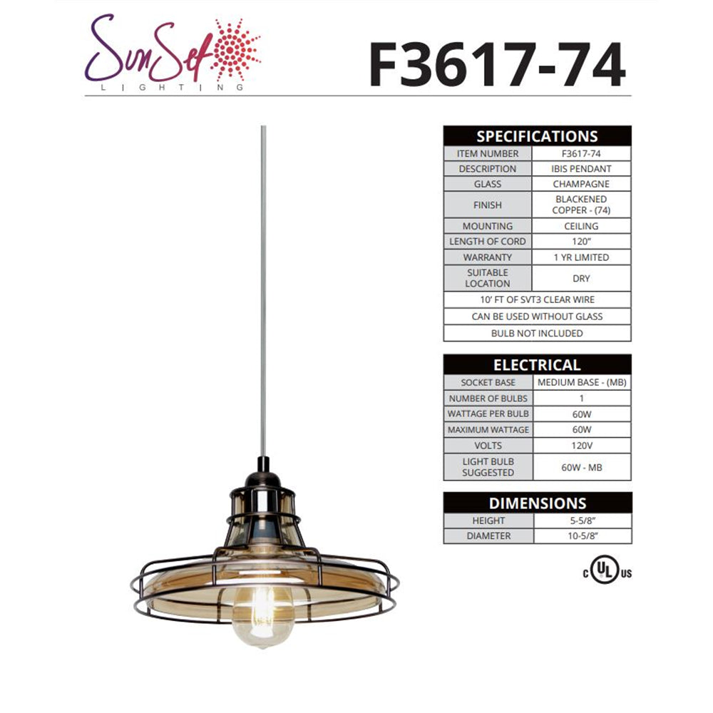 LUMINANCE F3617-74 Pendant Ibis 1-Light 60W Champagne Glass