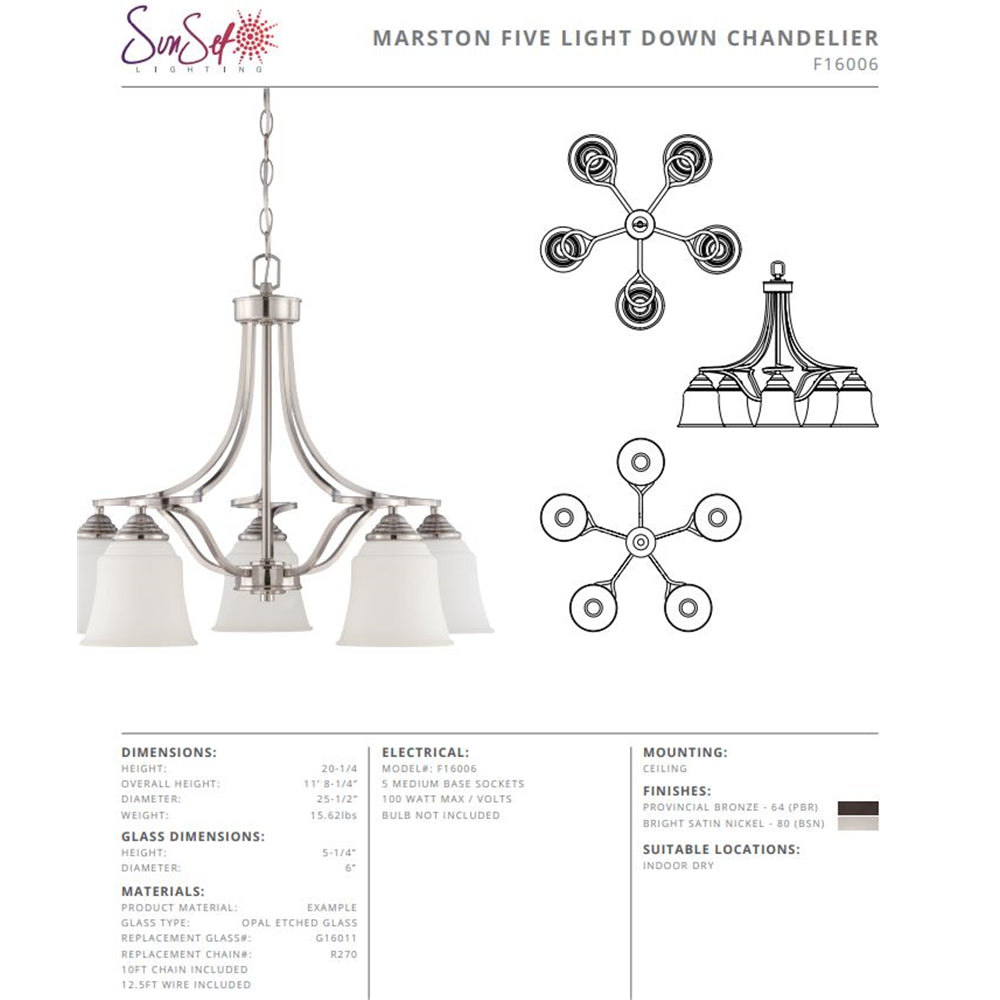 Sunset 5-Light Marston Chandelier Down 100W Provincial Bronze F16006-64