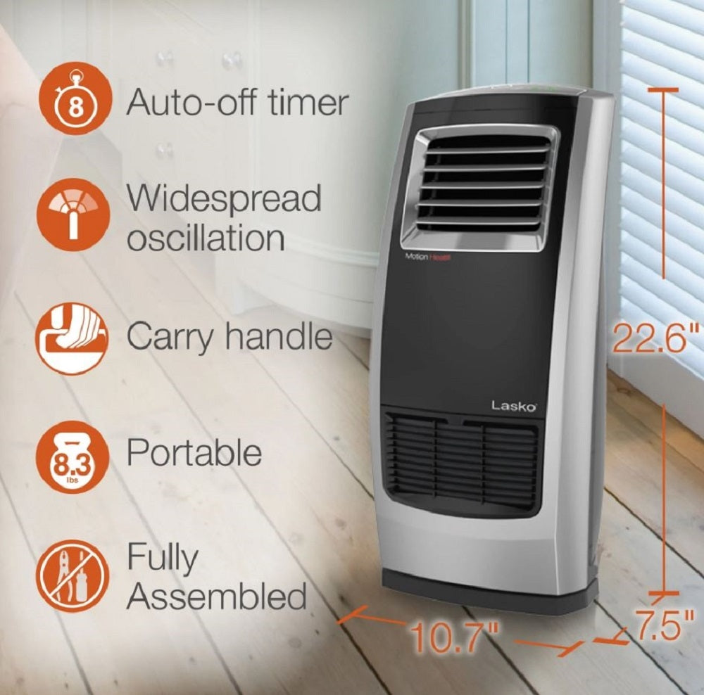 Lasko Oscillating 22.5" 1500W Motion Heat Plus Ceramic Room Heater with Remote - Black/Silver CC23185