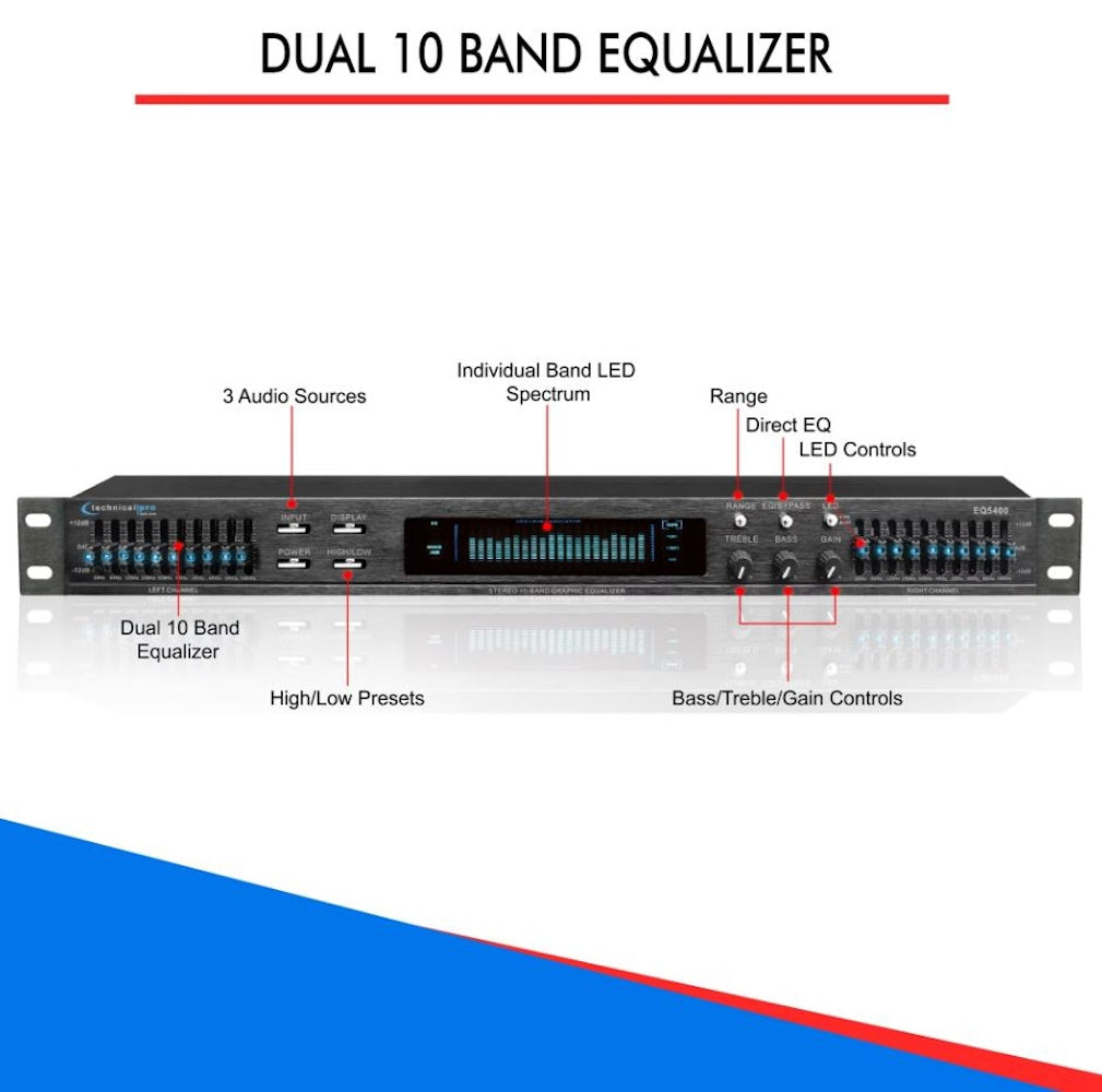 Technical Pro EQ5400 Professional Dual 10-Band Graphic Equalizer with LED Indicators, RCA Inputs & Rack Mount
