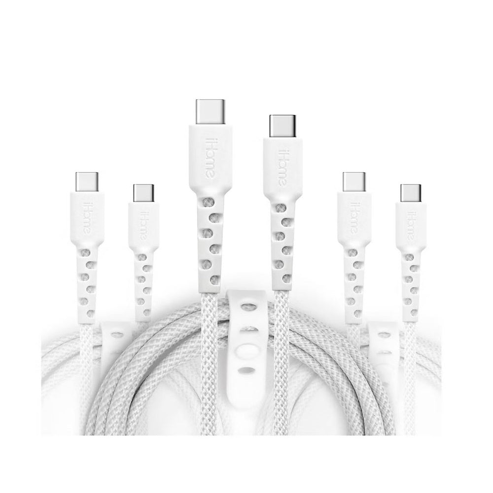 iHome TPE Durastrain USB-C to USB-C Nylon Braided Charging Cable with Silicone Wrap, 3 pk.2IHCC2292W0L2
