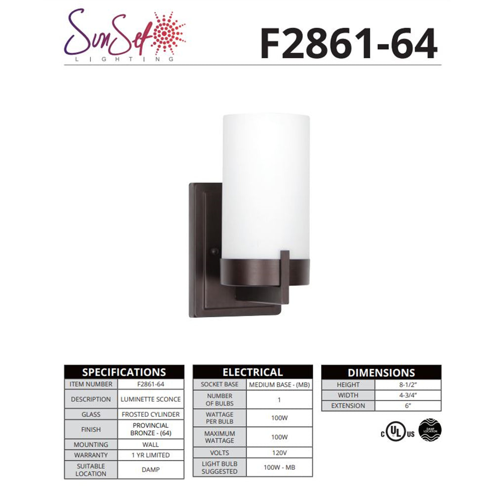 Sunset Lighting 1-Light Mb Luminette Vanity Opal Glass Provincial Bronze F2861-64