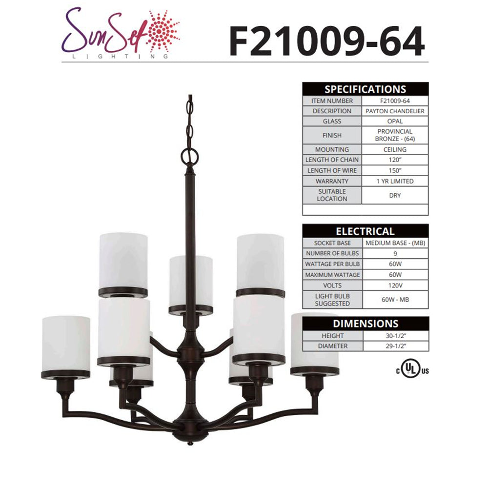 Sunset F21009-64 9-Light 60W Mb Payton Two-Tier Chandelier Provincial Bronze