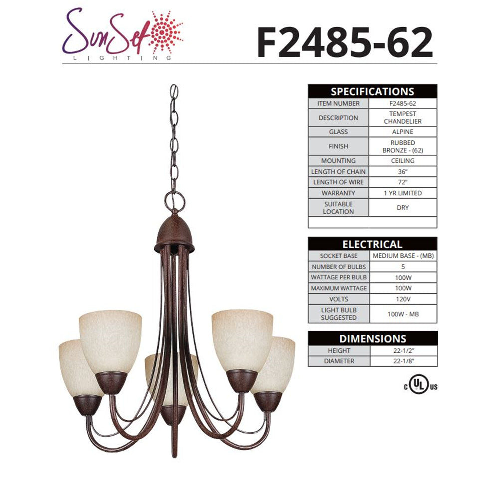 Sunset Lighting TF2485-62-GT2472 Tempest Rubbed Bronze Five Light Chandelier With Alpine Glass