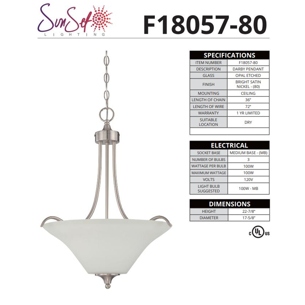 Sunset 3-Light 23" Darby Pendant 100W Bright Satin Nickel F18057-80