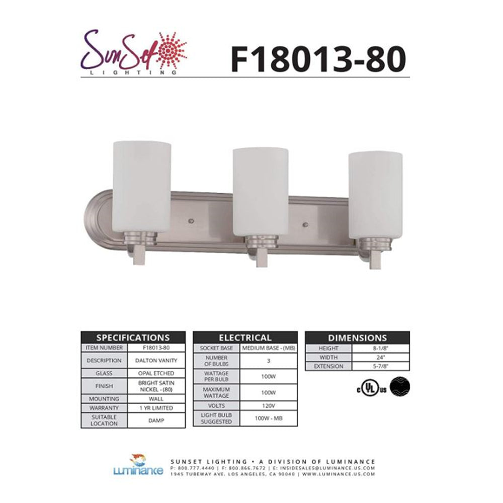 Sunset Lighting Dalton 3-Light Vanity 100W Dimmable Bright Satin Nickel Finish F18013-80