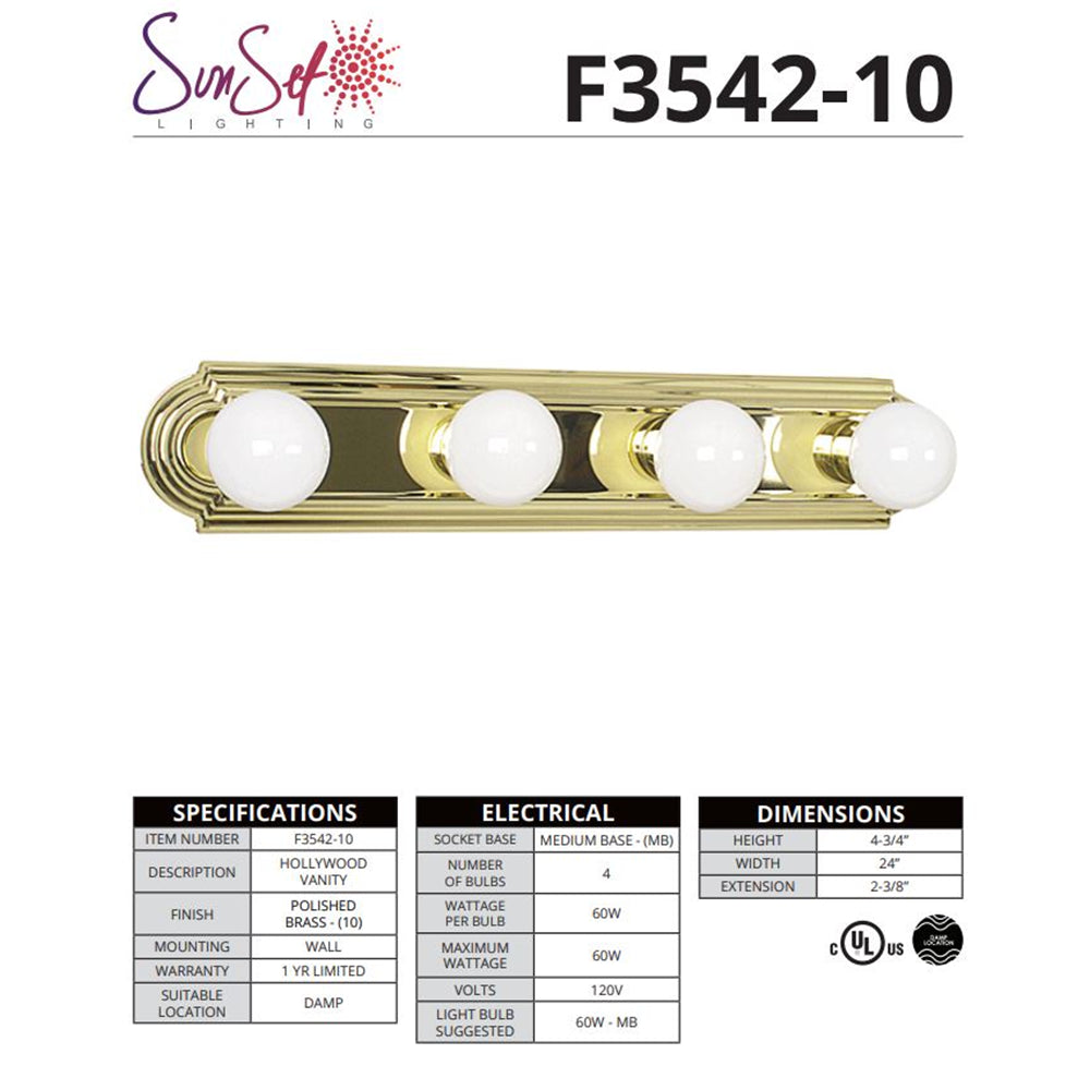 Sunset Lighting 4-Light Vanity Polished Brass Finish F3542-10