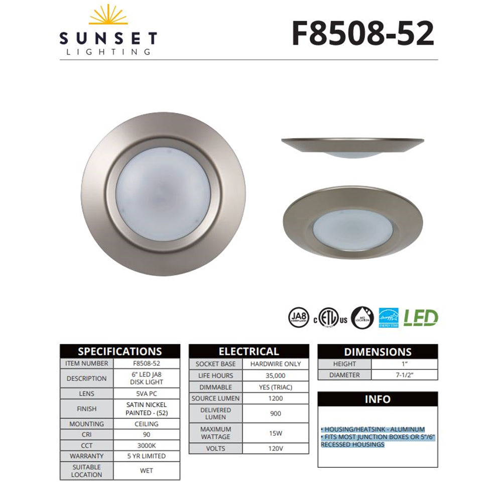 Sunset 6" Disk Light 15W 850Lm 3000K Satin Nickel F8508-52-RP