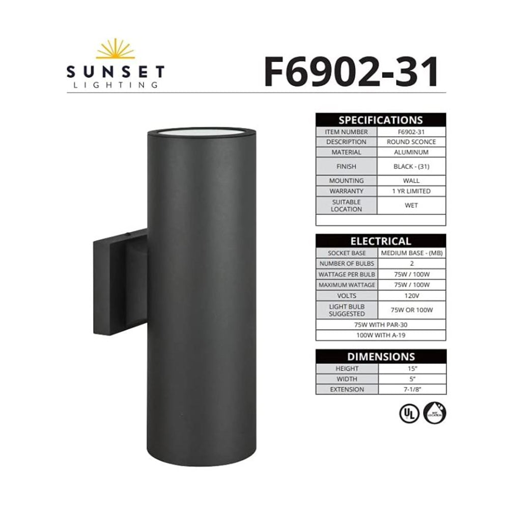 Luminance 2-Light Outdoor Wall Sconce Wet Rated, 5"W x 15" H Black F6902-31