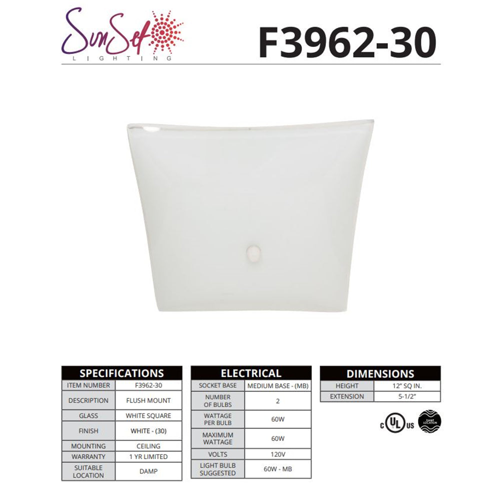 Luminance Sunset Lighting 2-Light 12" Ceiling Mount White Square Glass Dimmable F3962-30
