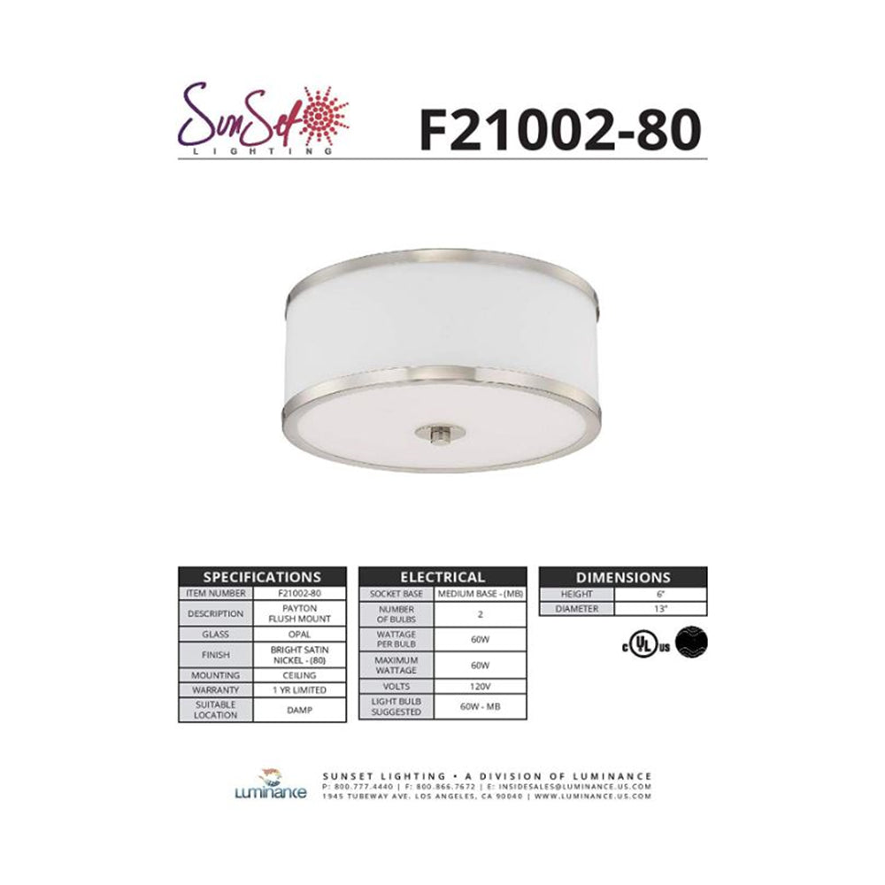 Sunset Lighting F21002-80 Sunset Flush Mount, Bright Satin Nickel