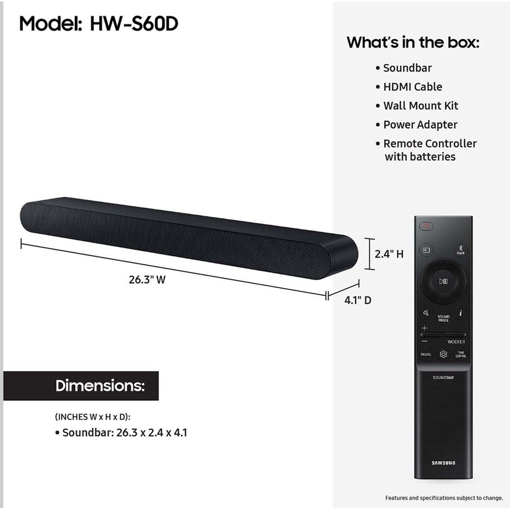 Samsung S-series All-in-one 5.0ch. Wireless Dolby ATMOS Soundbar w/ Q-Symphony HW-S60D/ZA