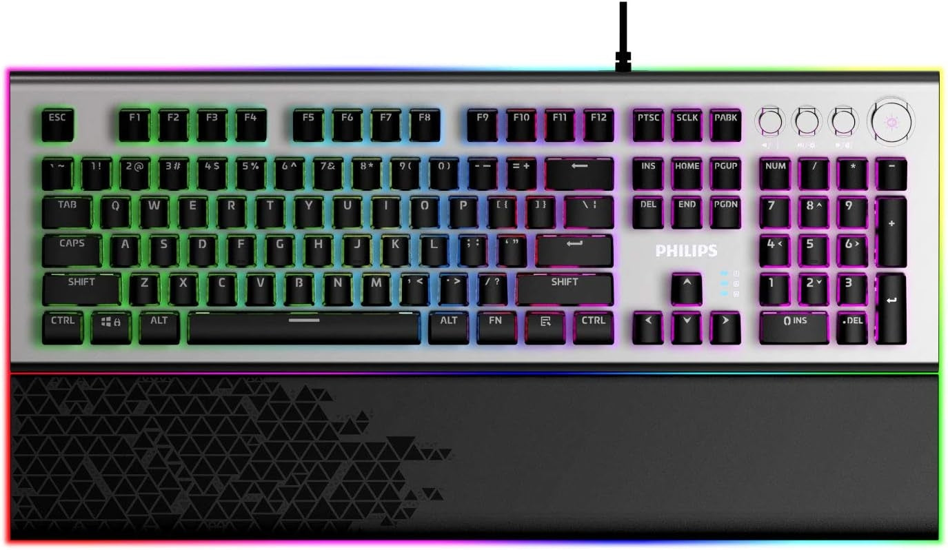 PHILIPS Wired Gaming Keyboard with Palm Rest | LED RGB Mechanical Keyboard w/Custom Cyan Crystal Switches, 38-Key Aliasing SPK8624
