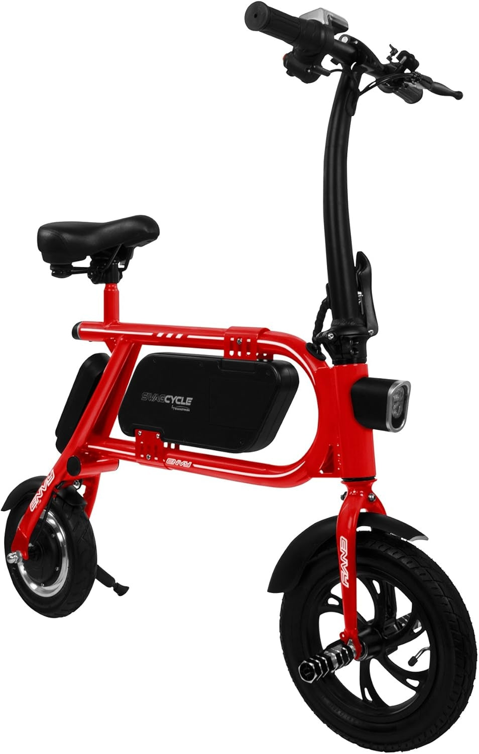 Swagtron SwagCycle SCE-1 Envy Electric Bike Reach 10 mph; 264 lbs Max Load - Red 36860-6, IP54 water-resistant, 12" front and 10" rear wheels