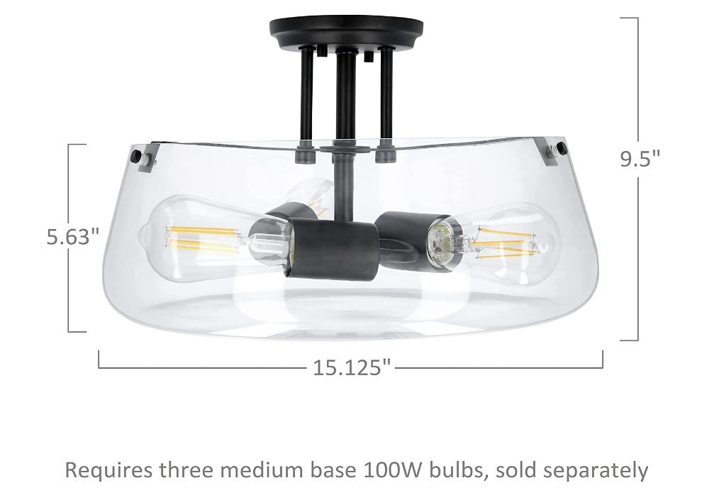 Luminance Stella Black Semi Flush Mount Ceiling Light | Modern Metal Fixture Round Clear Glass Shade F27023-31