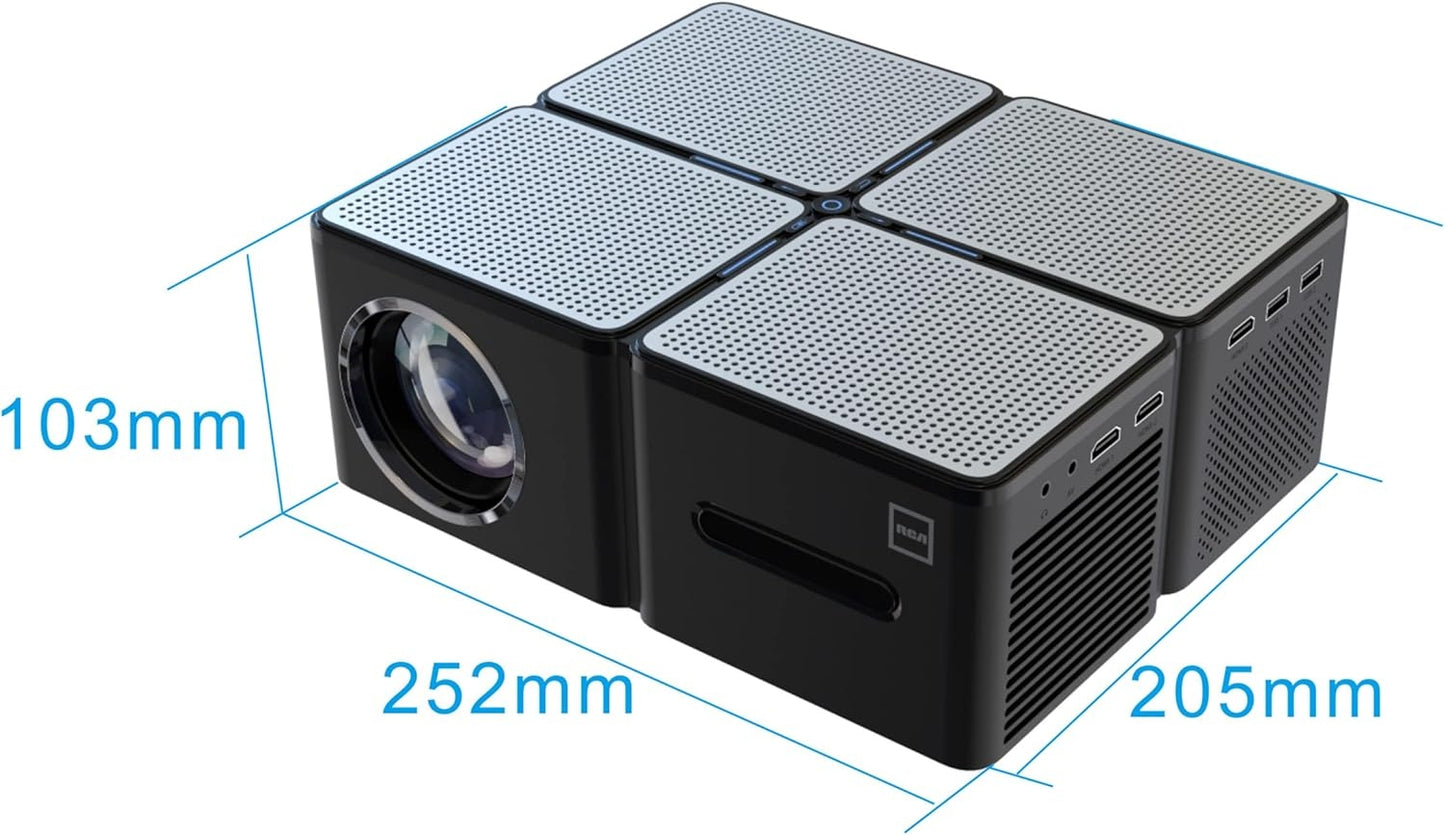 RCA RPJ167 Wi-Fi Bluetooth Native 1080p Projector, 4K Supported HD Outdoor Projector 680ANSI, Home Theater Projector with 300" Display Black