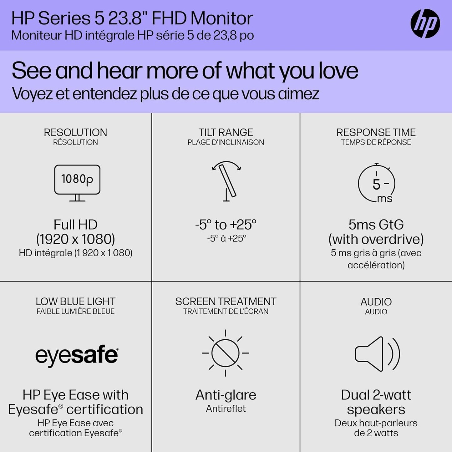 HP Series 5 23.8" 1920 x 1080 5ms 100Hz FHD Monitor with Speakers HDMI, VGA - 524SA