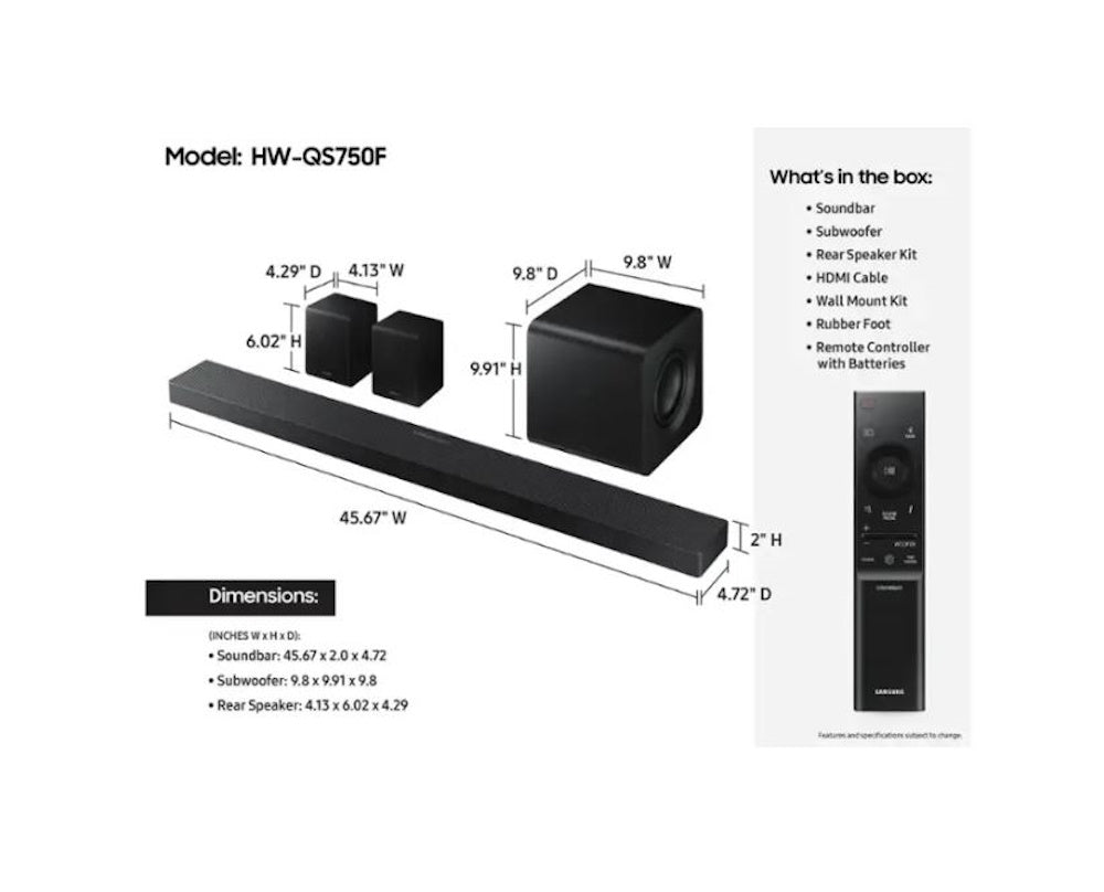 Samsung Q-Series 5.1.2 Ch Soundbar with Subwoofer and Rear Speakers Titan Black HW-QS750F
