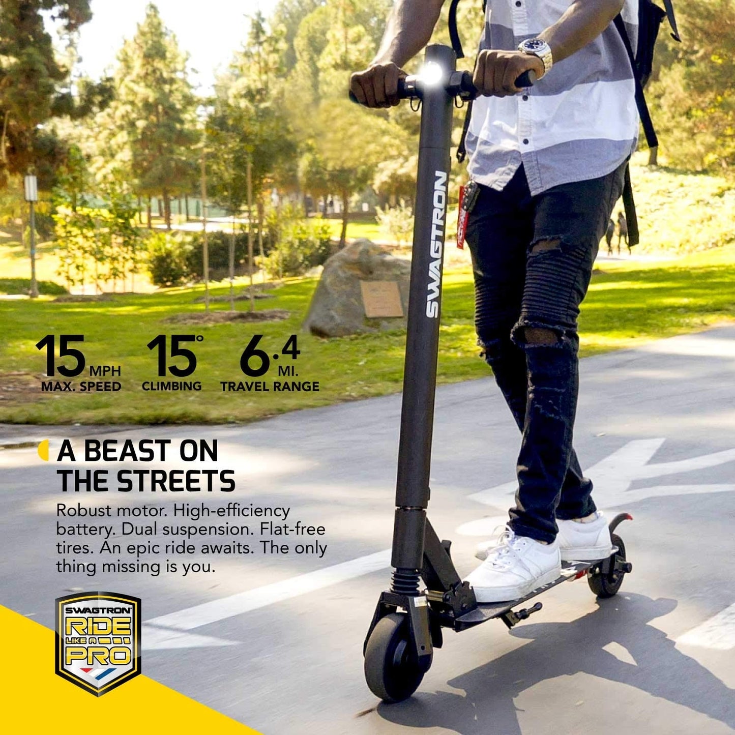 Swagtron Swagger 2 Plus Foldable Recreational Electric Scooter for Young Adults & Teens, Up to 220 lbs., Travel Range of 6.4 miles - 90228-2