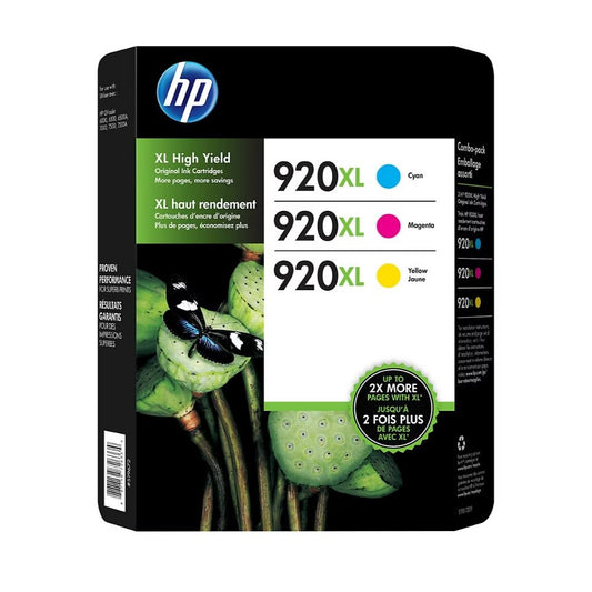 HP 920XL High Yield Cyan/Yellow/Magenta Ink Cartridges, D8J64BN