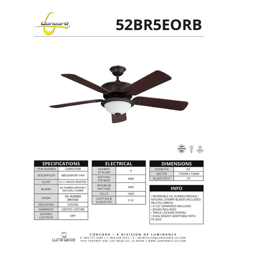 Concord Fan Downrod Mount 52" Oil-rubbed Bronze Ceiling Fan Natural Cherry Blades 52BR5EORB