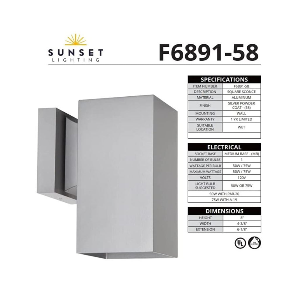 Sunset Lighting 1-Light Silver Powder Coat Square 8" x 4.375" Outdoor Square Light Wall Sconce F6891-58