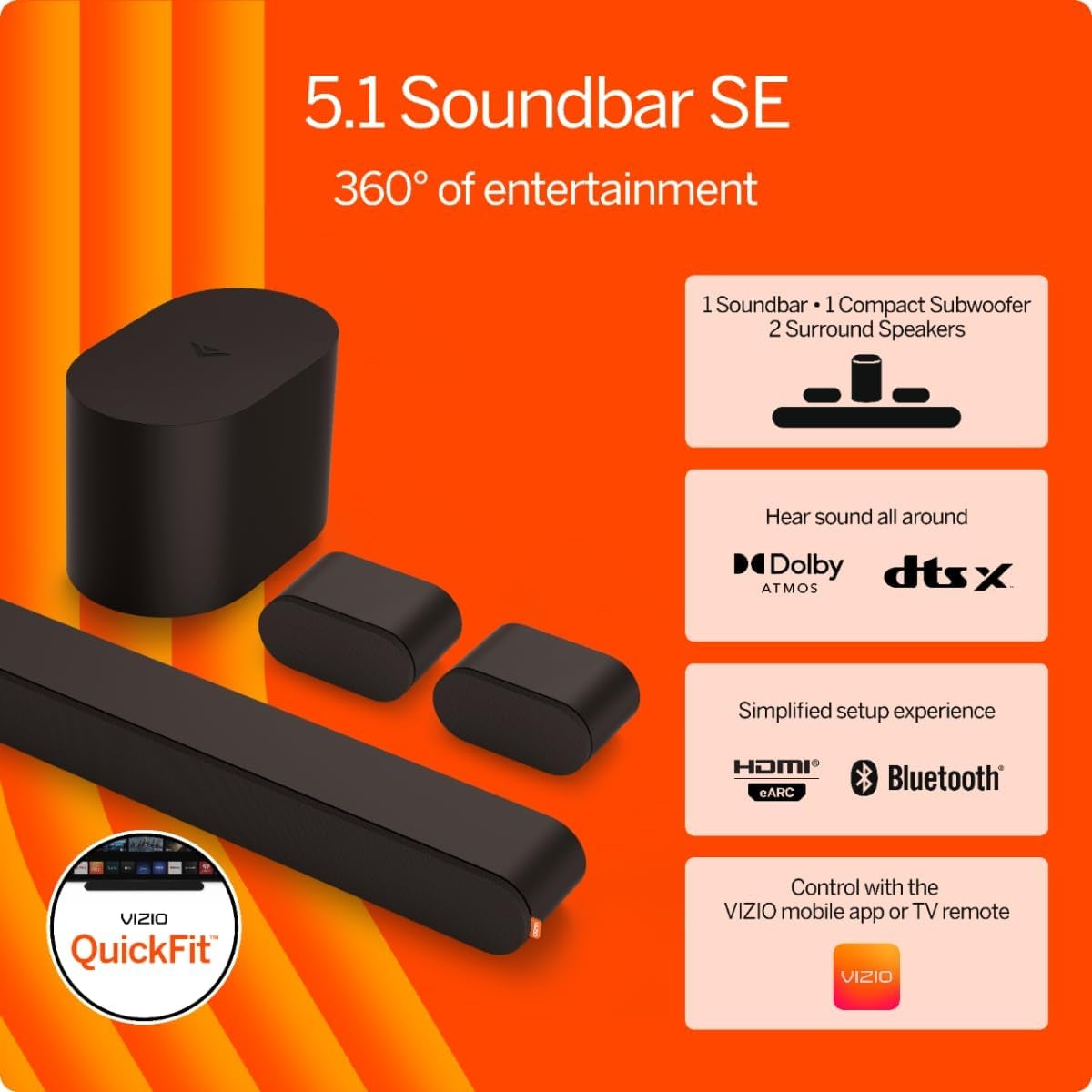 VIZIO 5.1 Soundbar, Wireless Subwoofer, Surround Sound w/ Dolby Atmos and DTS:X - Black SV510M-0806