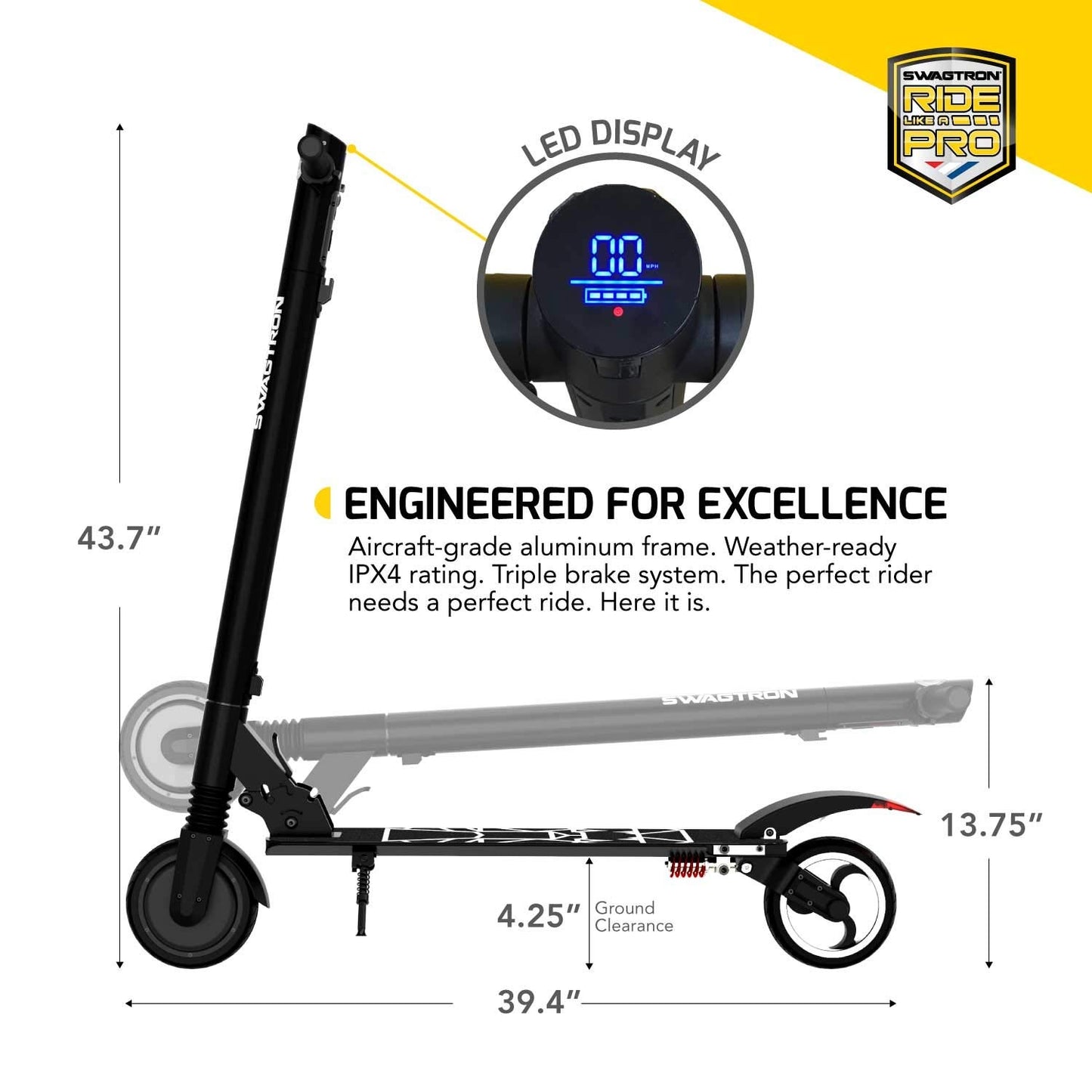 Swagtron Swagger 2 Plus Foldable Recreational Electric Scooter for Young Adults & Teens, Up to 220 lbs., Travel Range of 6.4 miles - 90228-2