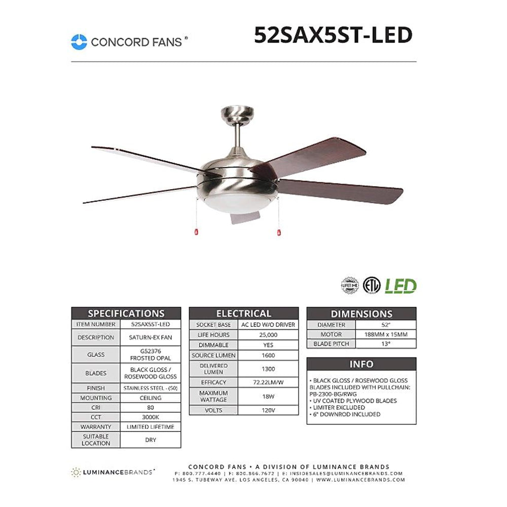Concord Fans Ceiling Fan, Black Gloss/Rosewood Gloss - 52SAX5ST-LED
