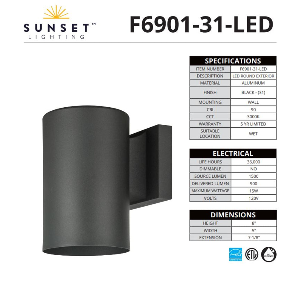Sunset Lighting 1-Light Round Exterior 15W 3000K Black F6901-31-LED