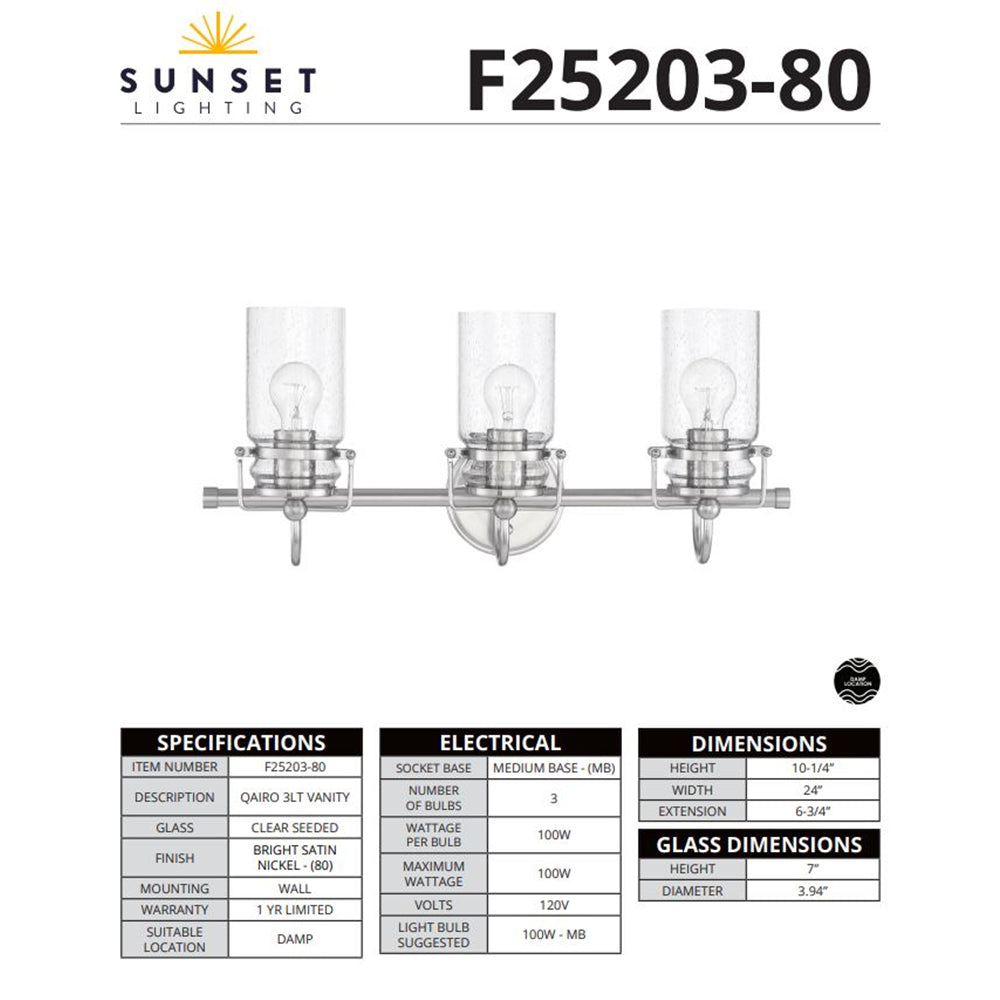Sunset Lighting Qairo 3-Light MB Vanity Clear Seeded Glass Bright Satin Nickel F25203-80