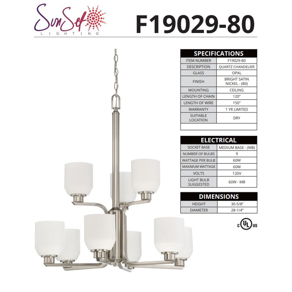 Luminance Quartz 9-Light Nickel Chandelier Opal Glass - F19029-80