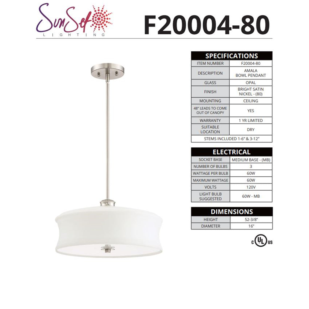 LUMINANCE Pendant Bowl Amala 3-Lights 60W Bright Satin Nickel F20004-80