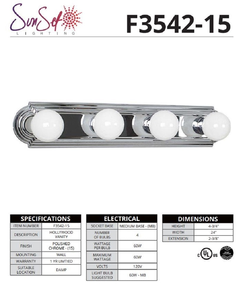 Sunset Lighting 4-Light Raceway Bathbar Vanity Dimmable Polished Chrome Finish F3542-15
