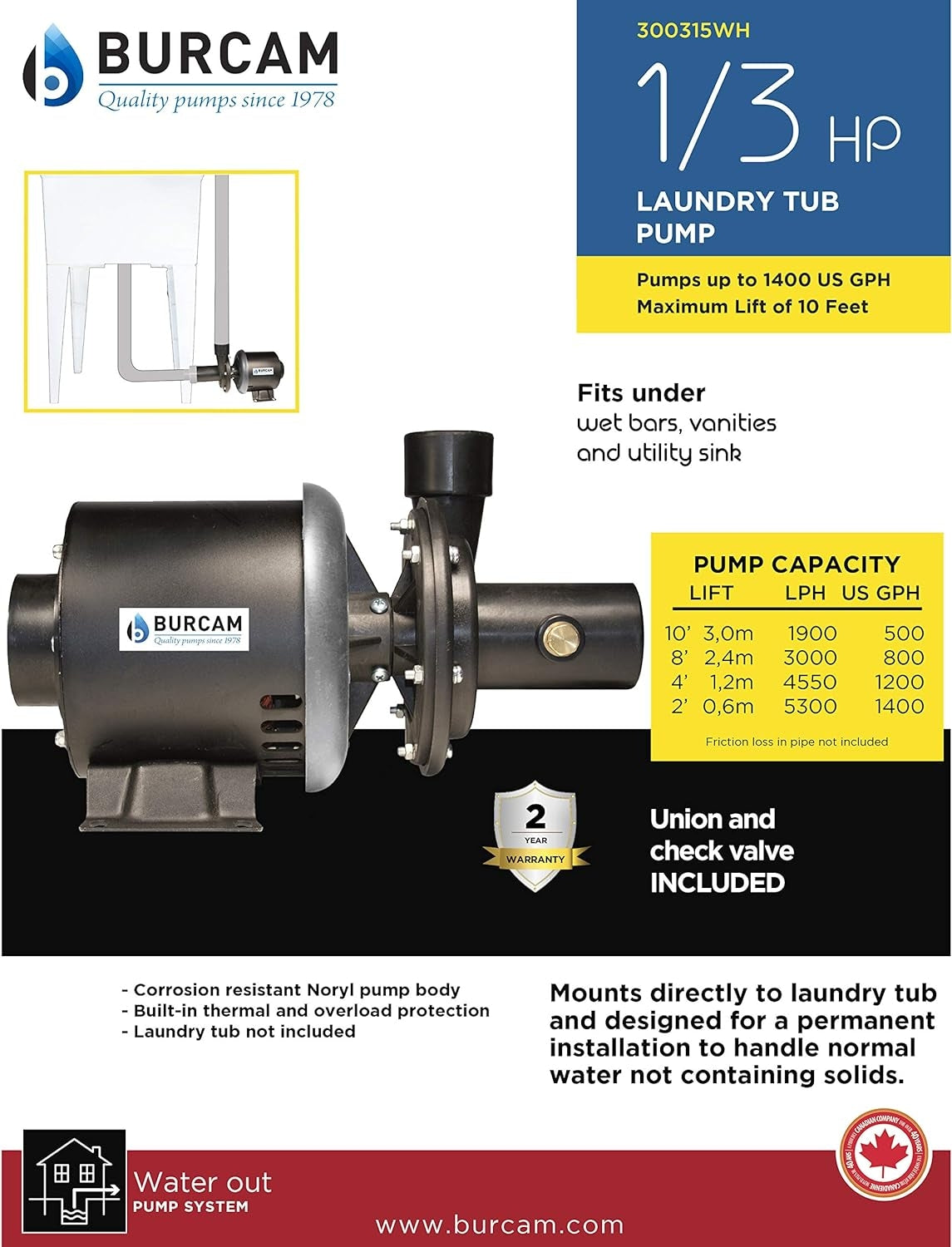 BURCAM 300315WH 1/3 HP Manual Laundry Tub Pump, Black