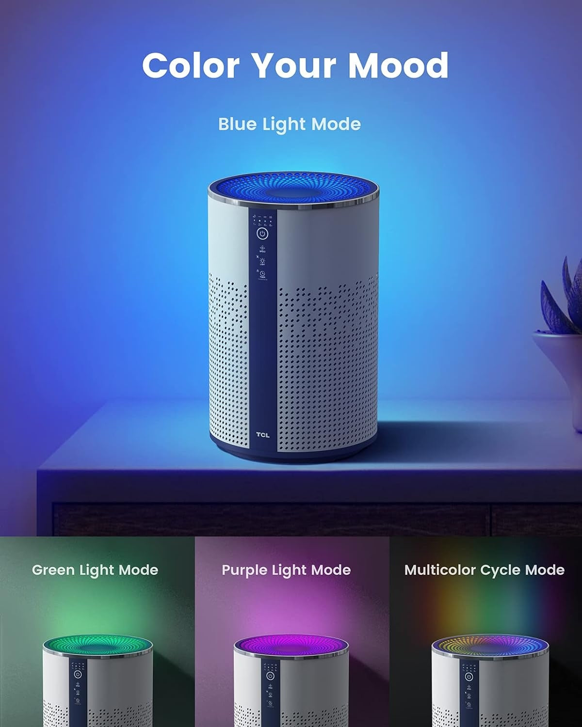 TCL Breeva A1W Smart Air Purifier for Home Room Bedroom, Smart WiFi Alexa Control, True H13 HEPA Air Filter Remove 99.97% Smoke Odor Pet Dander Dust Pollen Mold Air Cleaner Metal Design with Night Light A1W15W