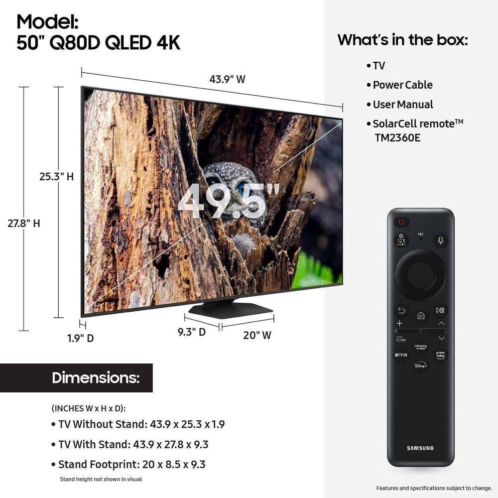 Samsung 50” Class Q80D Series QLED 4K Smart Tizen TV 2024 QN50Q80DAFXZA