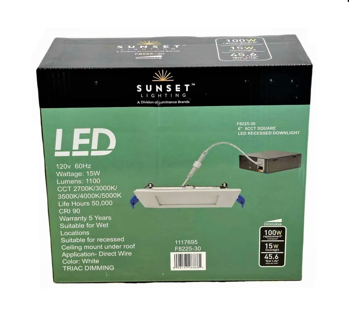 Sunset 6" Square Recessed LED Downlight Canless 1100 LM CRI90 15W 5CCT 2700K-5000K F8225-30