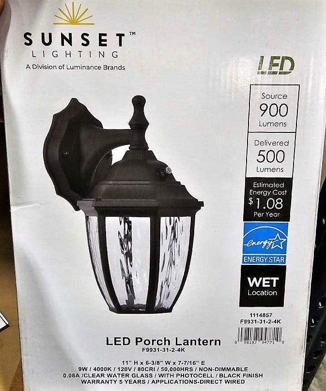 Sunset Lighting 11" Black Integrated LED 9W 500LM 4000K Porch Lantern Outdoor Wall Light F9931-31-2-4K