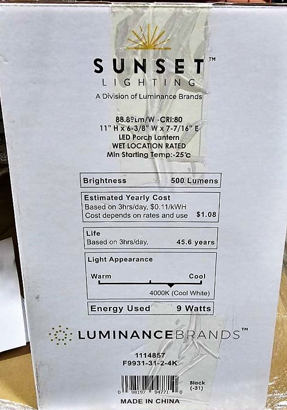 Sunset Lighting 11" Black Integrated LED 9W 500LM 4000K Porch Lantern Outdoor Wall Light F9931-31-2-4K