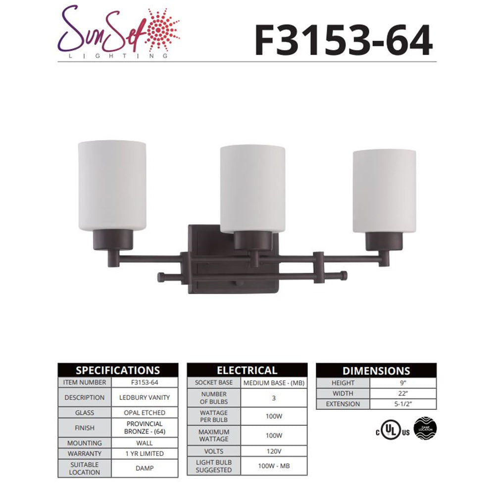 Sunset Lighting 3-Light Ledbury Vanity Opal Etched Glass, Dimmable Provincial Bronze Finish F3153-64
