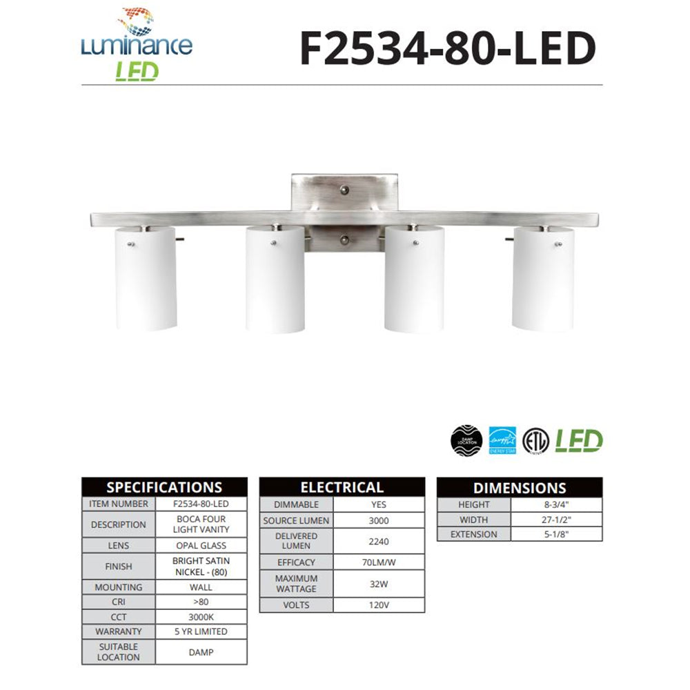 Sunset LED 4-Light 32W 2080LM Boca Vanity Bright Satin Nickel - F2534-80-LED
